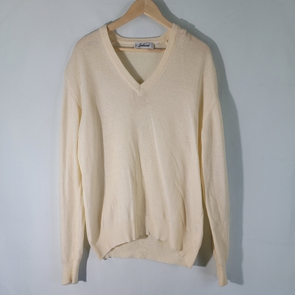 Lambswool Unisex Ivory V-neck Knit Sweater Sz M Made in Italy Long Sleeve Cozy - Picture 11 of 11